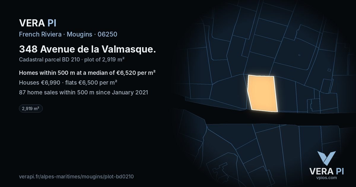 348 Avenue de la Valmasque, Mougins at night – the plot lit, the parcels around coloured by the prices near them