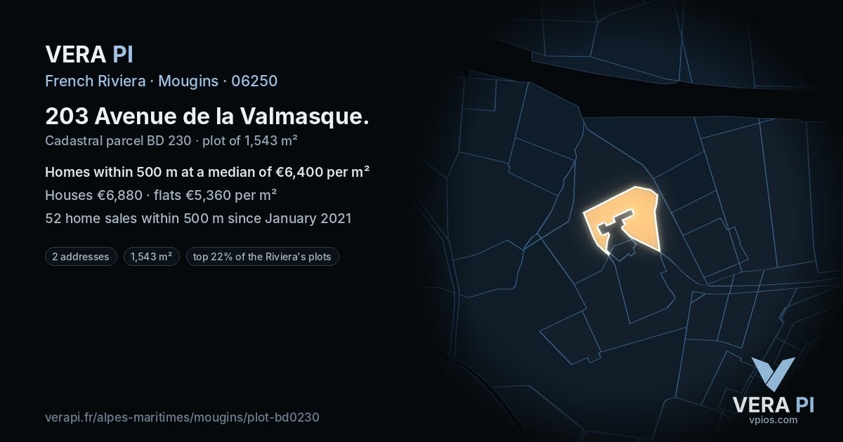 203 Avenue de la Valmasque, Mougins at night – the plot lit, the parcels around coloured by the prices near them