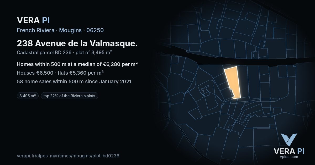 238 Avenue de la Valmasque, Mougins at night – the plot lit, the parcels around coloured by the prices near them