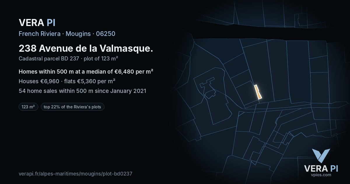 238 Avenue de la Valmasque, Mougins at night – the plot lit, the parcels around coloured by the prices near them