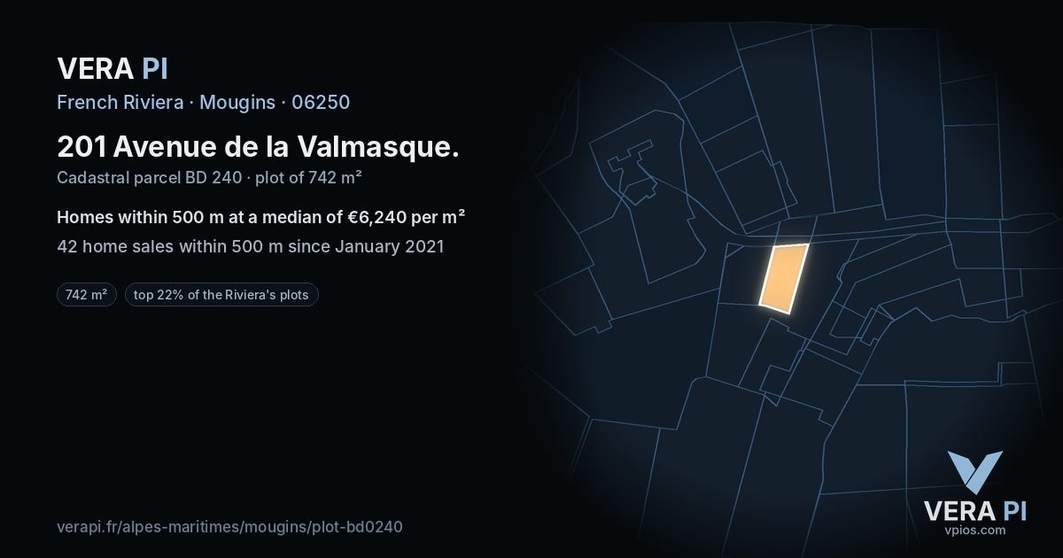201 Avenue de la Valmasque, Mougins at night – the plot lit, the parcels around coloured by the prices near them