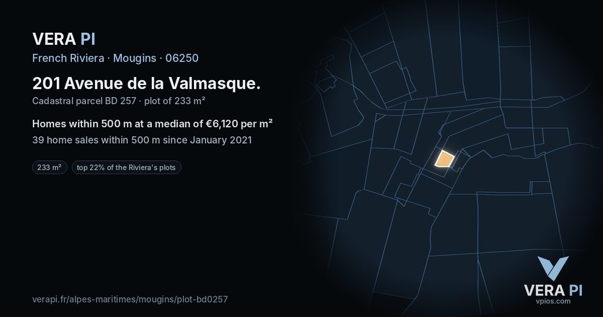 201 Avenue de la Valmasque, Mougins at night – the plot lit, the parcels around coloured by the prices near them
