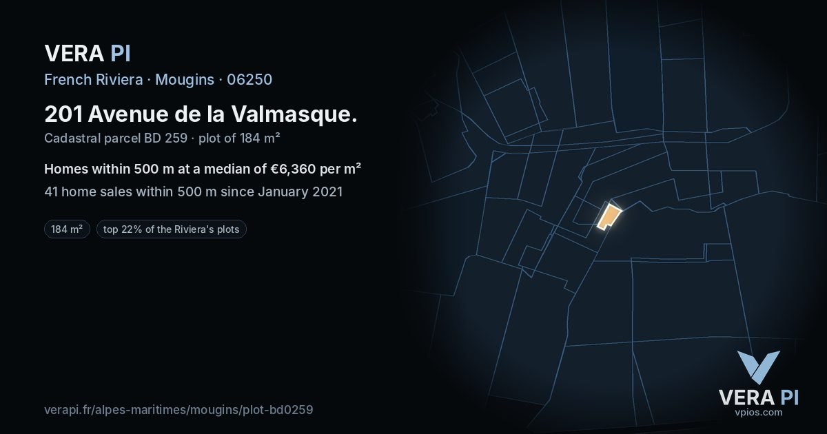 201 Avenue de la Valmasque, Mougins at night – the plot lit, the parcels around coloured by the prices near them