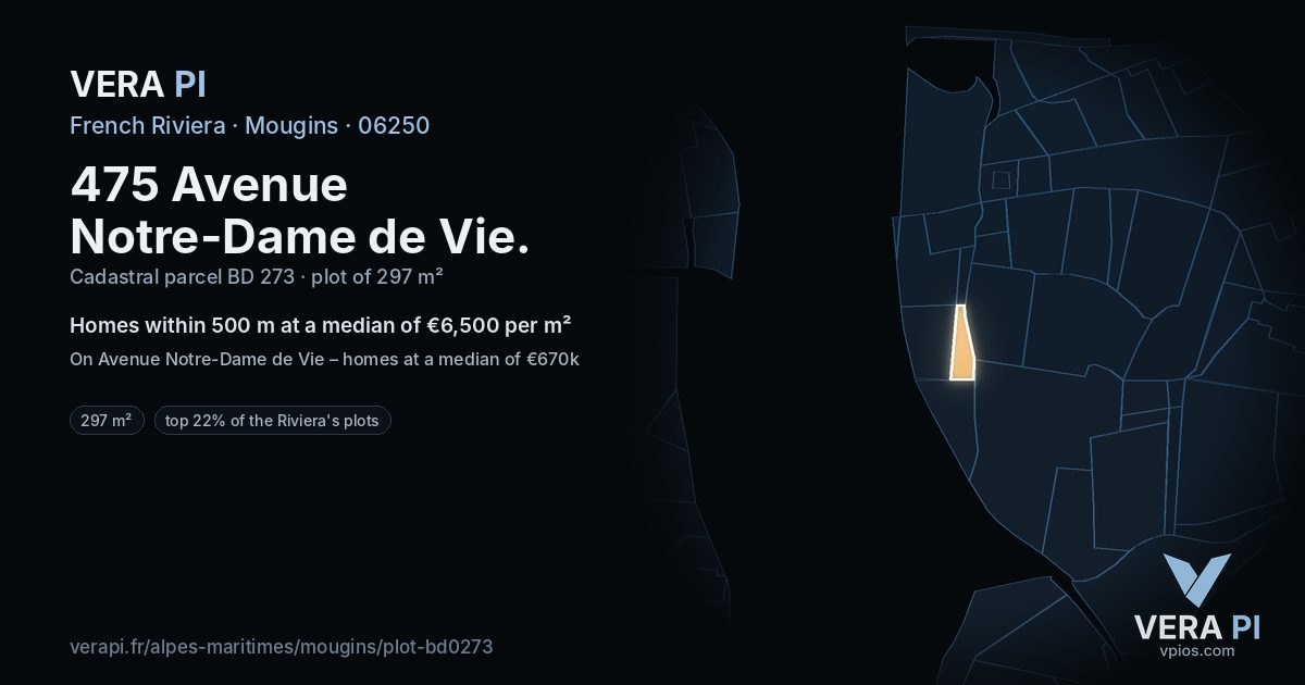 475 Avenue Notre-Dame de Vie, Mougins at night – the plot lit, the parcels around coloured by the prices near them