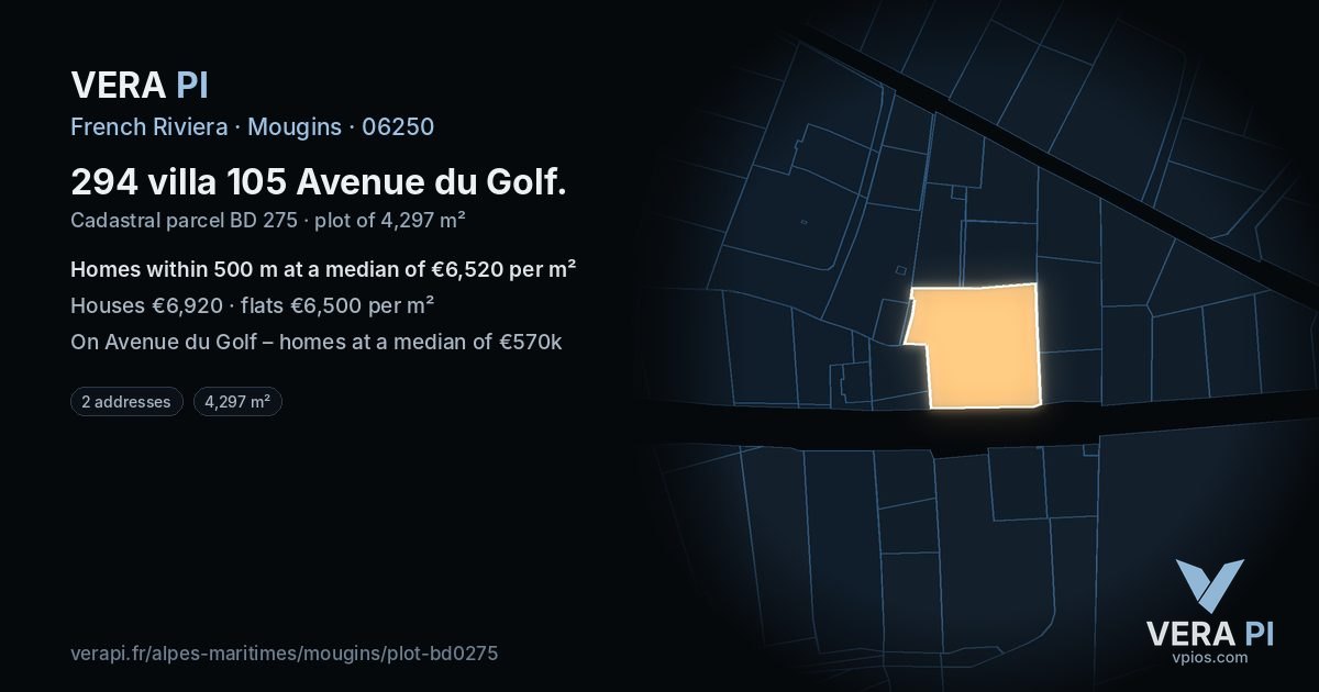 294 villa 105 Avenue du Golf, Mougins at night – the plot lit, the parcels around coloured by the prices near them