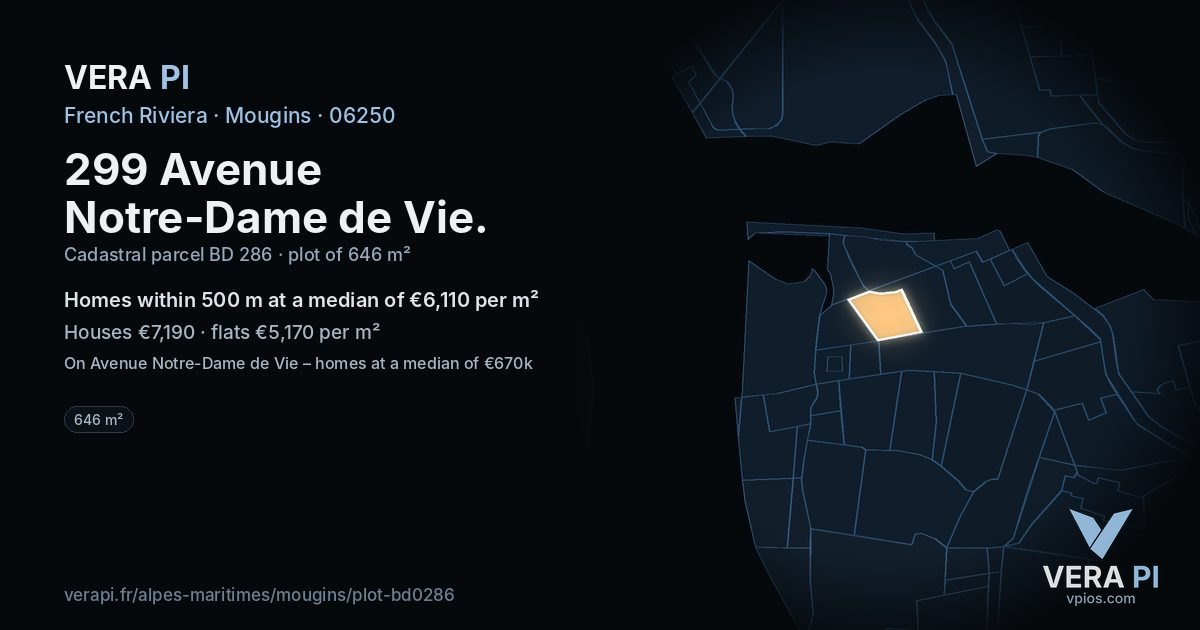 299 Avenue Notre-Dame de Vie, Mougins at night – the plot lit, the parcels around coloured by the prices near them