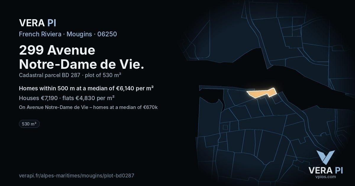 299 Avenue Notre-Dame de Vie, Mougins at night – the plot lit, the parcels around coloured by the prices near them