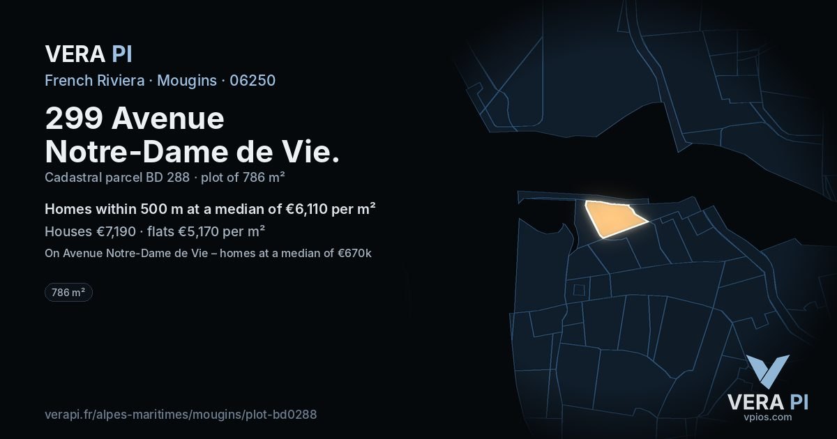 299 Avenue Notre-Dame de Vie, Mougins at night – the plot lit, the parcels around coloured by the prices near them