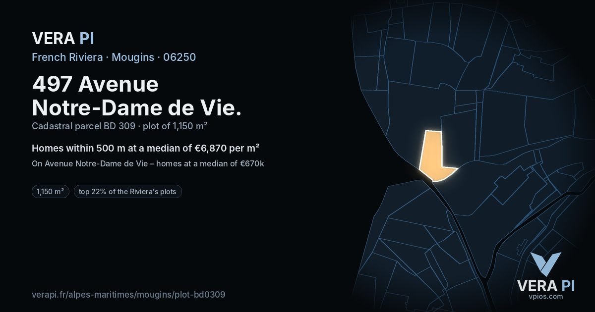 497 Avenue Notre-Dame de Vie, Mougins at night – the plot lit, the parcels around coloured by the prices near them