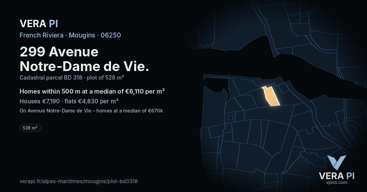 299 Avenue Notre-Dame de Vie, Mougins at night – the plot lit, the parcels around coloured by the prices near them