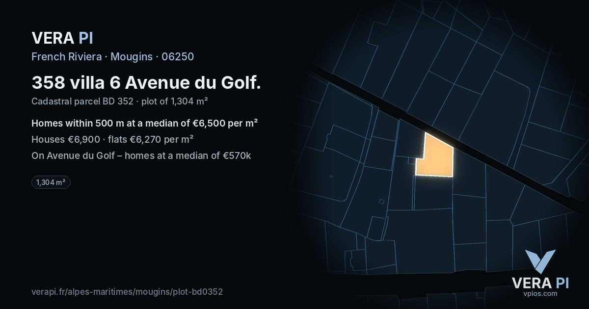 358 villa 6 Avenue du Golf, Mougins at night – the plot lit, the parcels around coloured by the prices near them