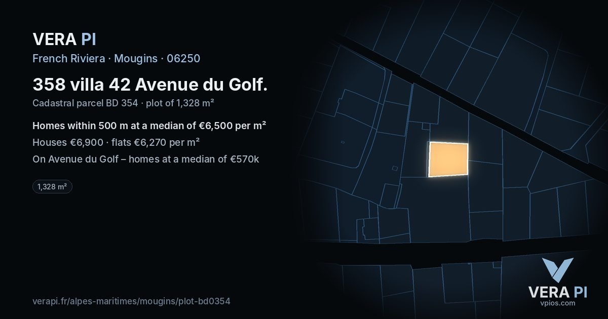 358 villa 42 Avenue du Golf, Mougins at night – the plot lit, the parcels around coloured by the prices near them