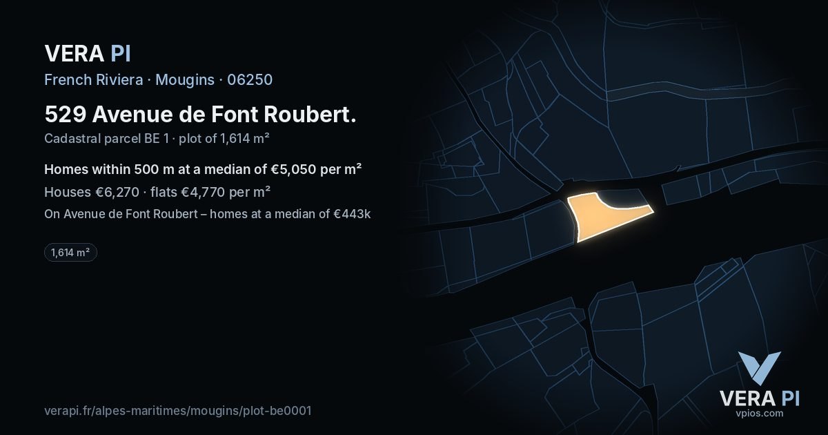 529 Avenue de Font Roubert, Mougins at night – the plot lit, the parcels around coloured by the prices near them