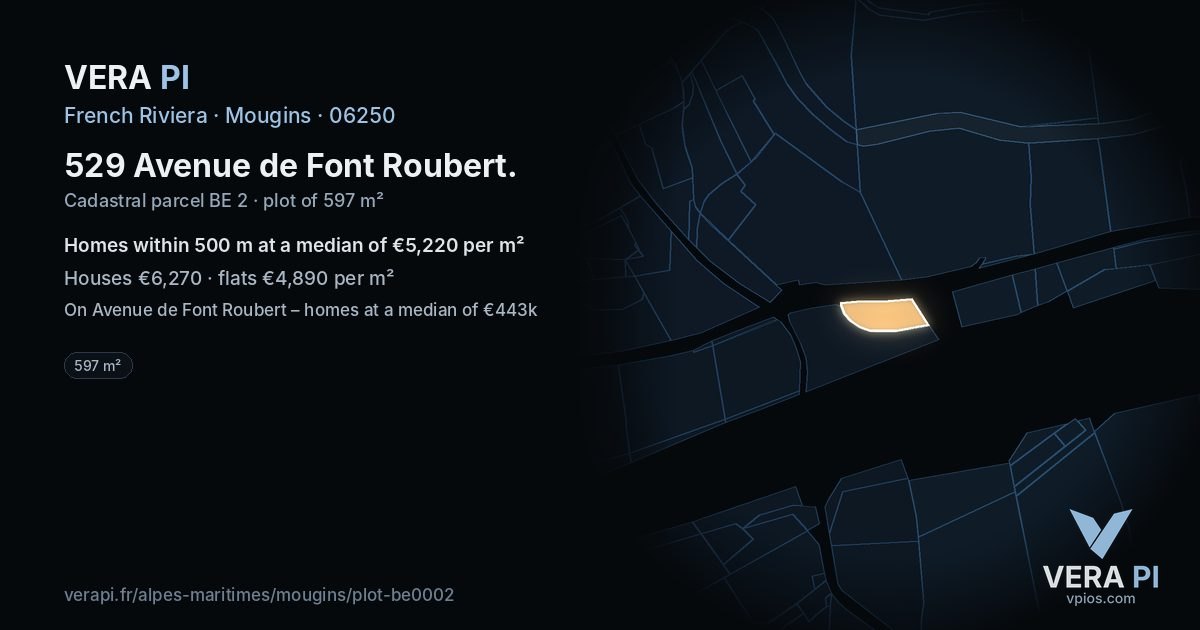 529 Avenue de Font Roubert, Mougins at night – the plot lit, the parcels around coloured by the prices near them
