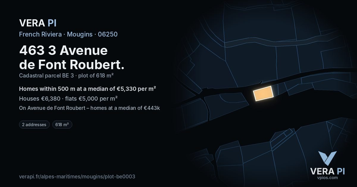 463 3 Avenue de Font Roubert, Mougins at night – the plot lit, the parcels around coloured by the prices near them