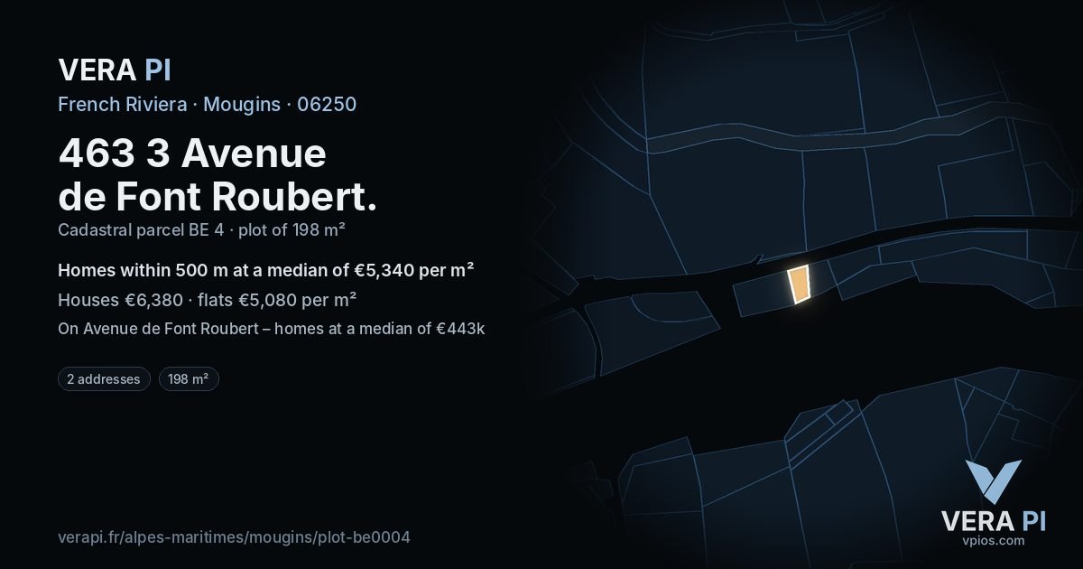 463 3 Avenue de Font Roubert, Mougins at night – the plot lit, the parcels around coloured by the prices near them