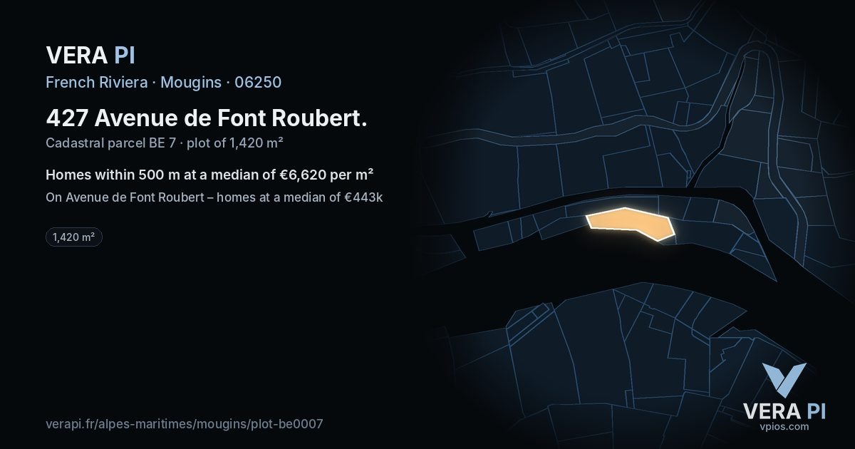 427 Avenue de Font Roubert, Mougins at night – the plot lit, the parcels around coloured by the prices near them