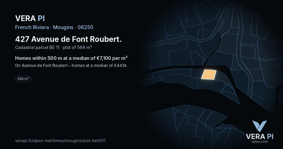 427 Avenue de Font Roubert, Mougins at night – the plot lit, the parcels around coloured by the prices near them