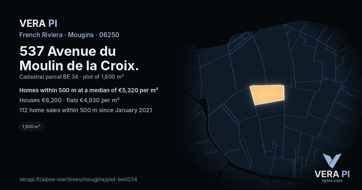 537 Avenue du Moulin de la Croix, Mougins at night – the plot lit, the parcels around coloured by the prices near them