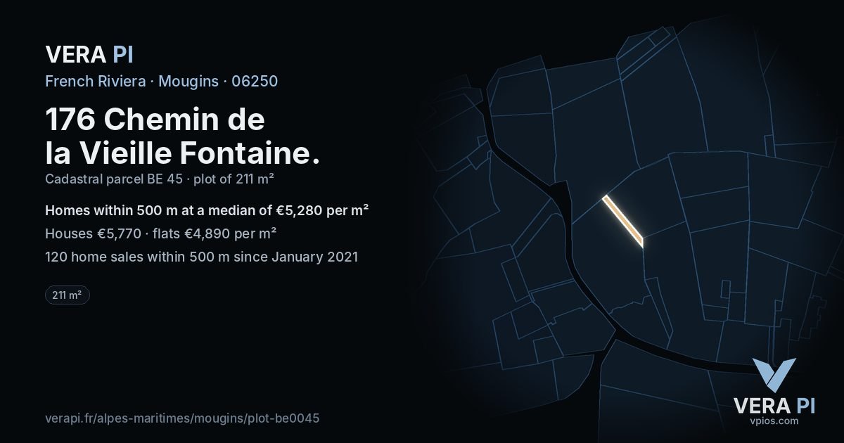 176 Chemin de la Vieille Fontaine, Mougins at night – the plot lit, the parcels around coloured by the prices near them