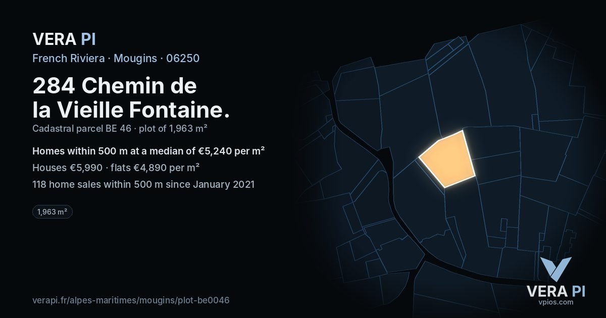 284 Chemin de la Vieille Fontaine, Mougins at night – the plot lit, the parcels around coloured by the prices near them