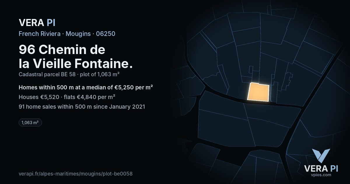 96 Chemin de la Vieille Fontaine, Mougins at night – the plot lit, the parcels around coloured by the prices near them