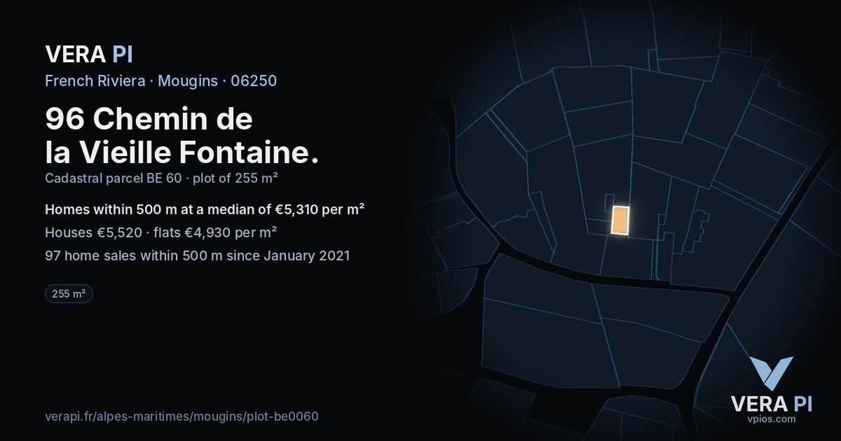 96 Chemin de la Vieille Fontaine, Mougins at night – the plot lit, the parcels around coloured by the prices near them