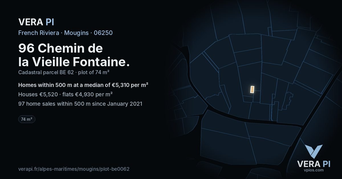 96 Chemin de la Vieille Fontaine, Mougins at night – the plot lit, the parcels around coloured by the prices near them
