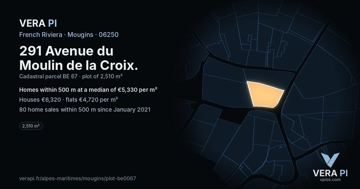 291 Avenue du Moulin de la Croix, Mougins at night – the plot lit, the parcels around coloured by the prices near them