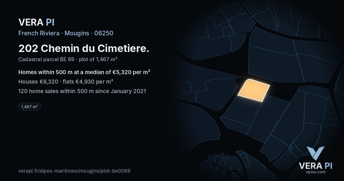 202 Chemin du Cimetiere, Mougins at night – the plot lit, the parcels around coloured by the prices near them