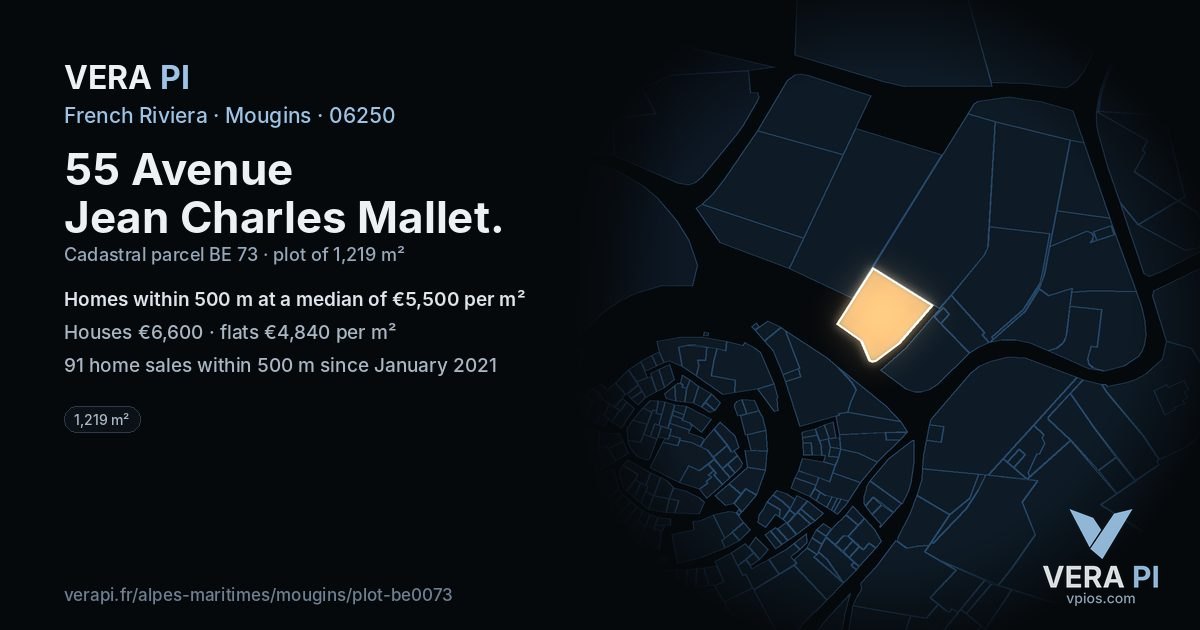 55 Avenue Jean Charles Mallet, Mougins at night – the plot lit, the parcels around coloured by the prices near them