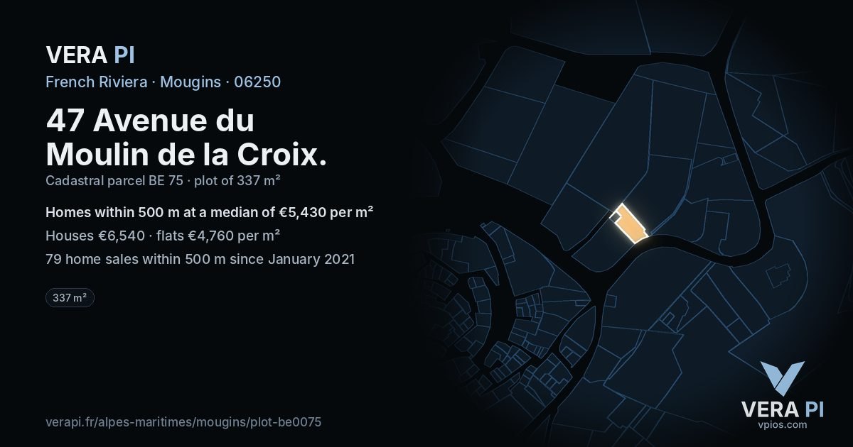 47 Avenue du Moulin de la Croix, Mougins at night – the plot lit, the parcels around coloured by the prices near them