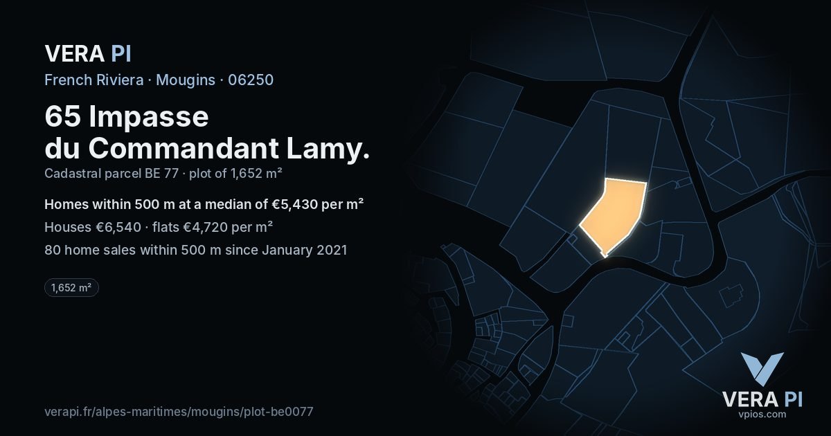 65 Impasse du Commandant Lamy, Mougins at night – the plot lit, the parcels around coloured by the prices near them