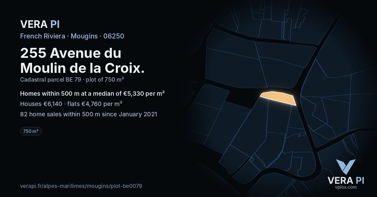 255 Avenue du Moulin de la Croix, Mougins at night – the plot lit, the parcels around coloured by the prices near them