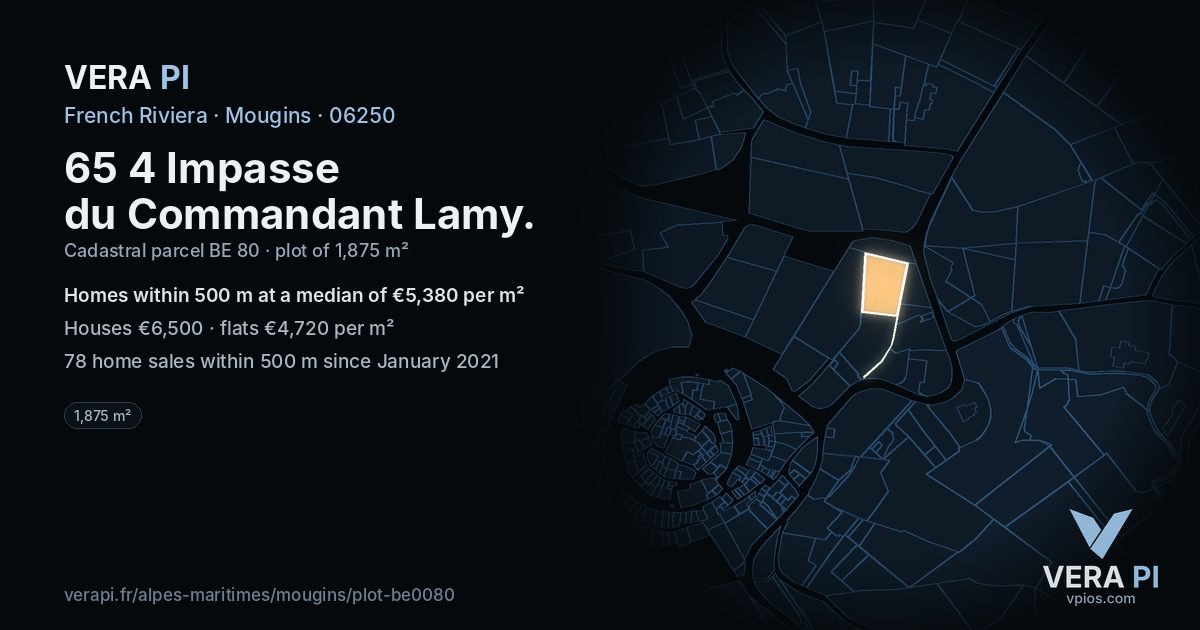 65 4 Impasse du Commandant Lamy, Mougins at night – the plot lit, the parcels around coloured by the prices near them