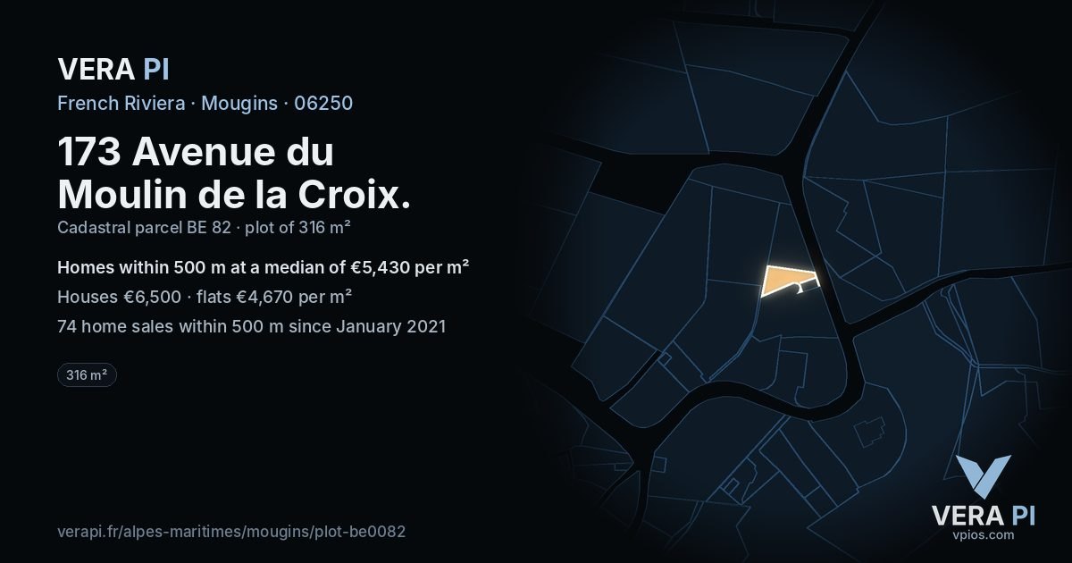 173 Avenue du Moulin de la Croix, Mougins at night – the plot lit, the parcels around coloured by the prices near them
