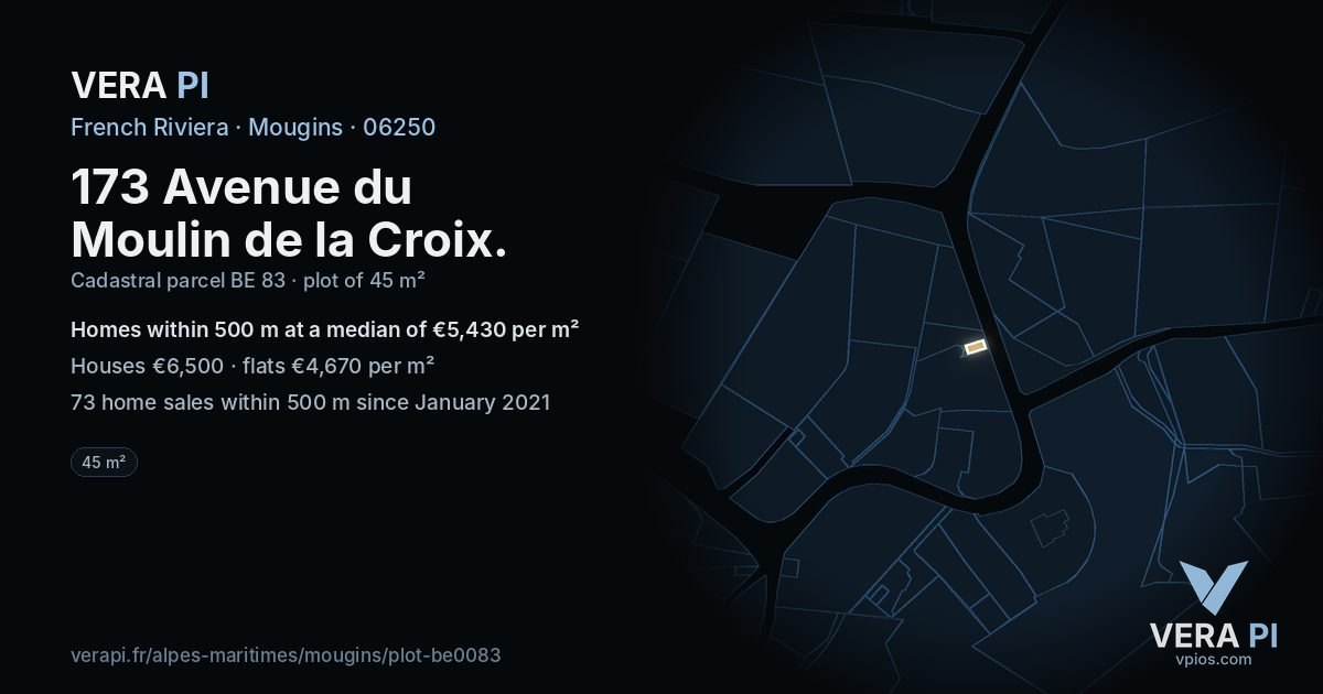 173 Avenue du Moulin de la Croix, Mougins at night – the plot lit, the parcels around coloured by the prices near them