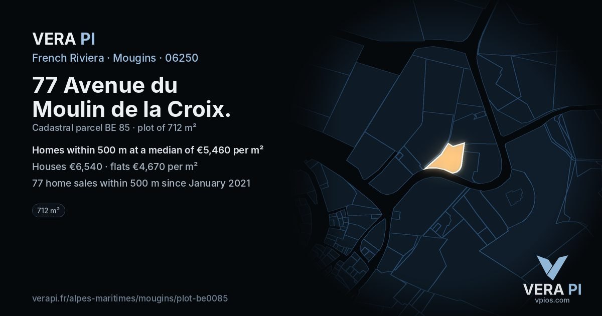 77 Avenue du Moulin de la Croix, Mougins at night – the plot lit, the parcels around coloured by the prices near them