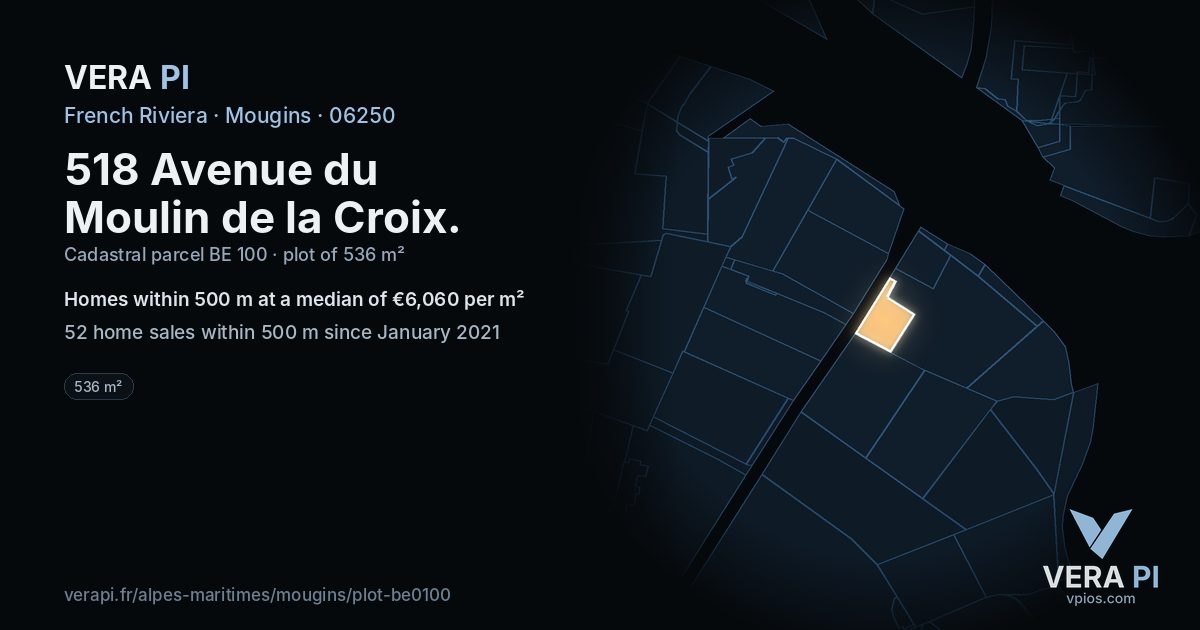 518 Avenue du Moulin de la Croix, Mougins at night – the plot lit, the parcels around coloured by the prices near them