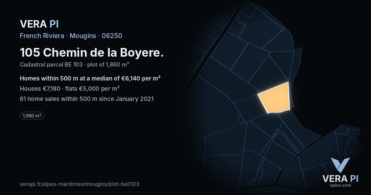 105 Chemin de la Boyere, Mougins at night – the plot lit, the parcels around coloured by the prices near them