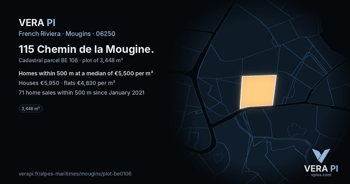 115 Chemin de la Mougine, Mougins at night – the plot lit, the parcels around coloured by the prices near them