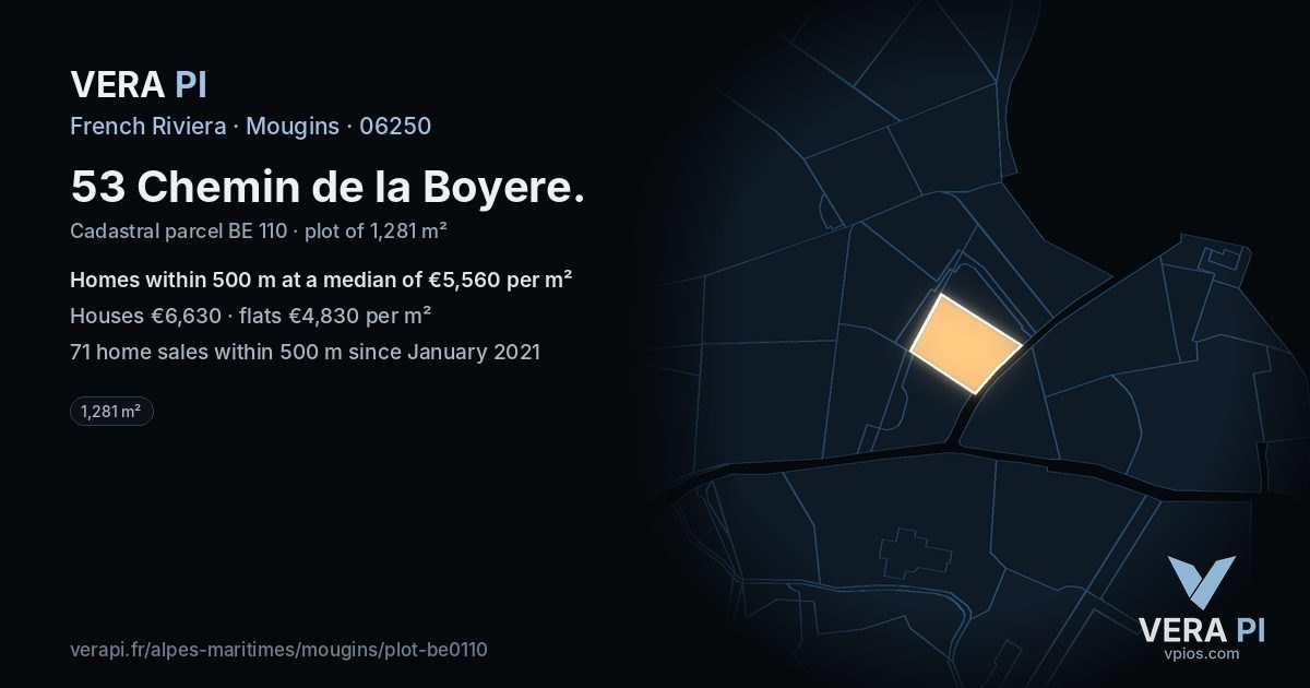 53 Chemin de la Boyere, Mougins at night – the plot lit, the parcels around coloured by the prices near them