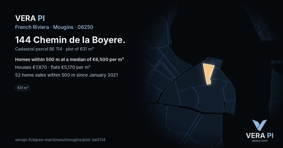 144 Chemin de la Boyere, Mougins at night – the plot lit, the parcels around coloured by the prices near them