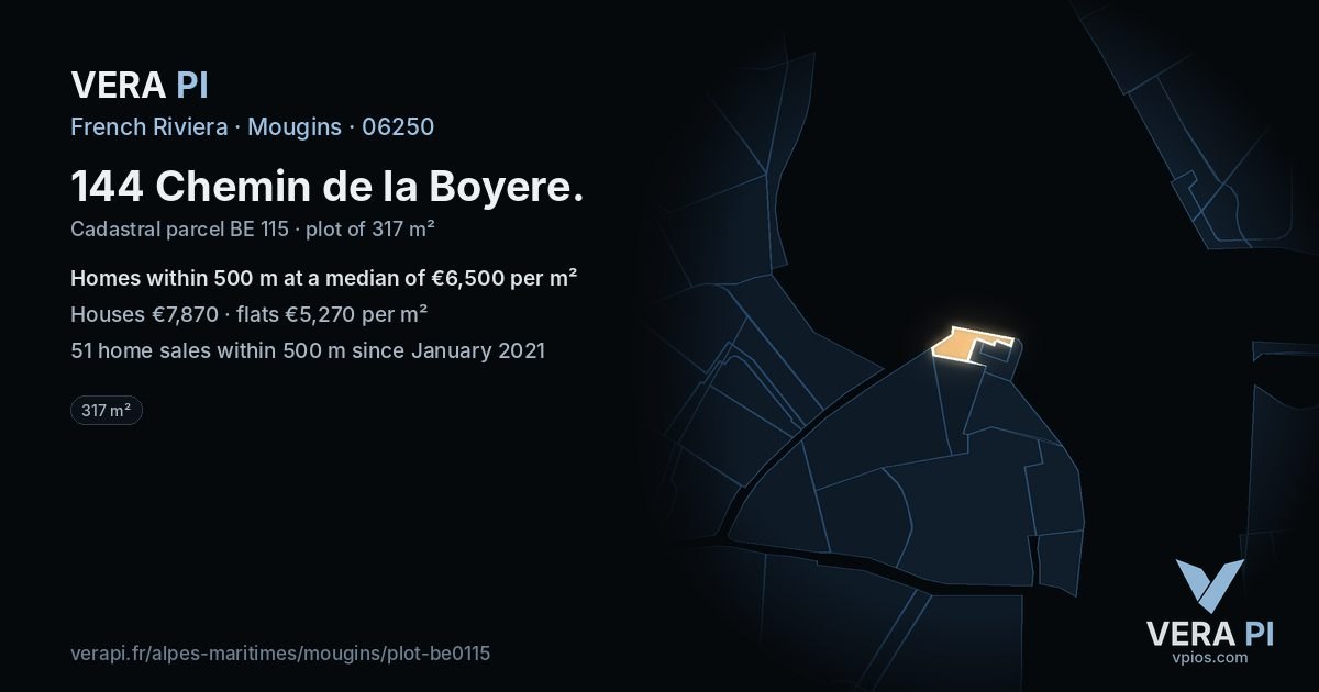 144 Chemin de la Boyere, Mougins at night – the plot lit, the parcels around coloured by the prices near them