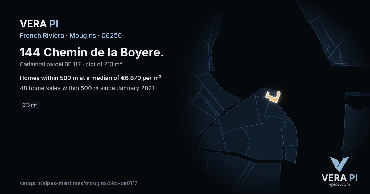 144 Chemin de la Boyere, Mougins at night – the plot lit, the parcels around coloured by the prices near them