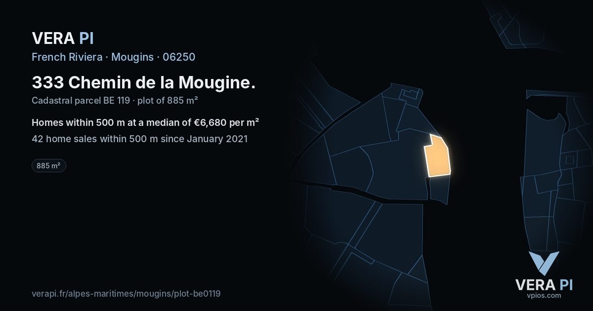 333 Chemin de la Mougine, Mougins at night – the plot lit, the parcels around coloured by the prices near them