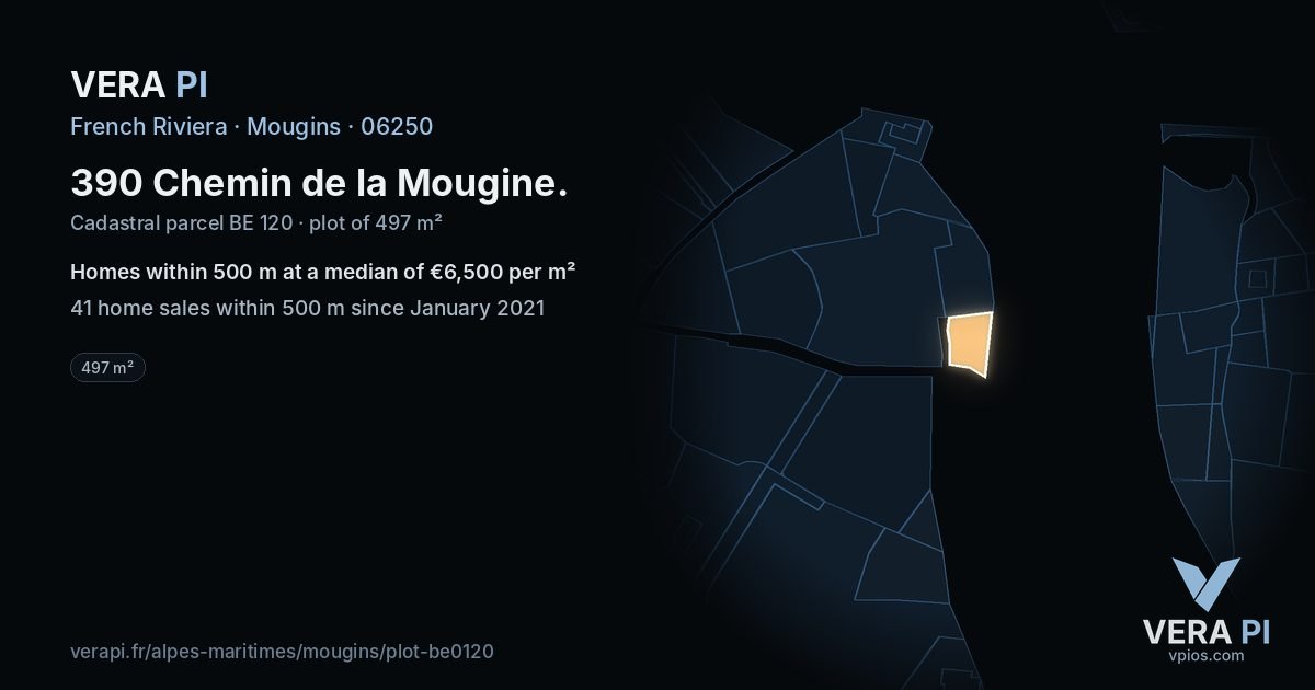 390 Chemin de la Mougine, Mougins at night – the plot lit, the parcels around coloured by the prices near them