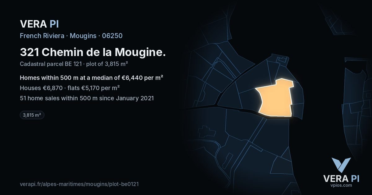 321 Chemin de la Mougine, Mougins at night – the plot lit, the parcels around coloured by the prices near them