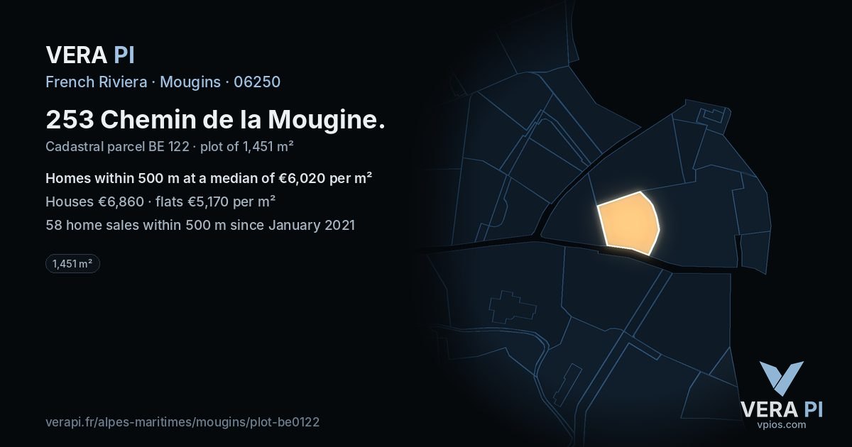 253 Chemin de la Mougine, Mougins at night – the plot lit, the parcels around coloured by the prices near them
