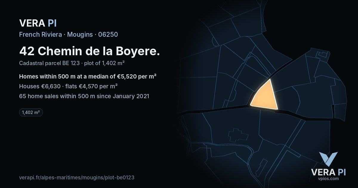 42 Chemin de la Boyere, Mougins at night – the plot lit, the parcels around coloured by the prices near them